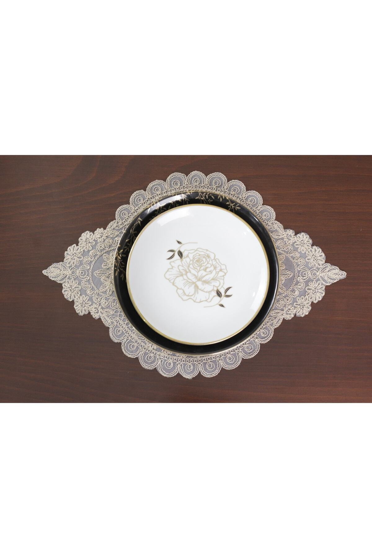 Tropikhome Nakışlı Bej 35 x 115 Runner + 35 x 50*8 Amerikan Servisli 9 Parça Sunum Yemek Seti — Bej
