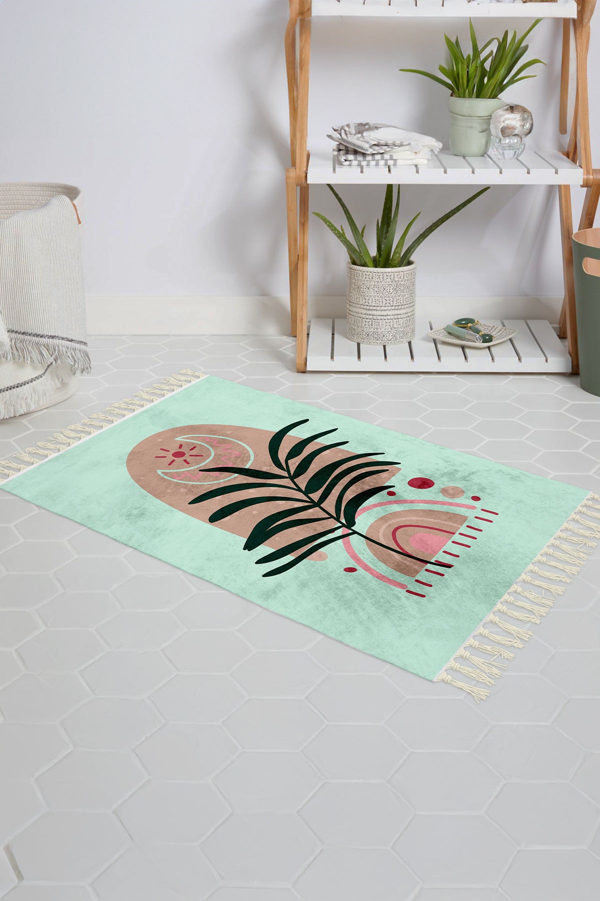 Tropikhome Kaymaz Tabanlı Dijital Baskılı 50x80cm Püsküllü Banyo Paspası — Boho Palm