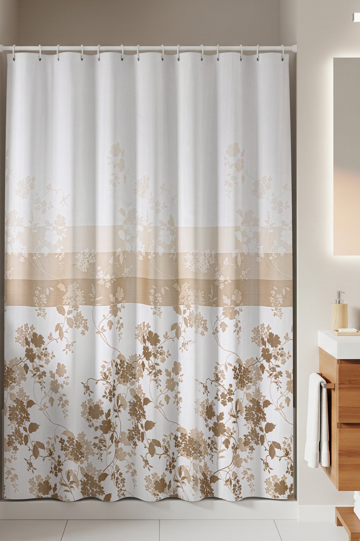 Tropikhome 180 x 200 Kahverengi Yaprak Desenli Banyo Perdesi — Kahverengi