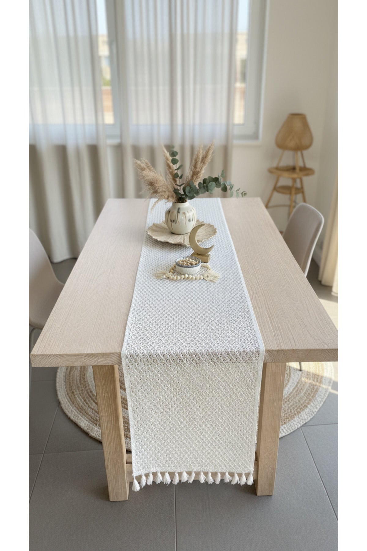 Tül Dantel Örgü Pamuklu Püsküllü Krem 35x145 Cm Runner — Krem