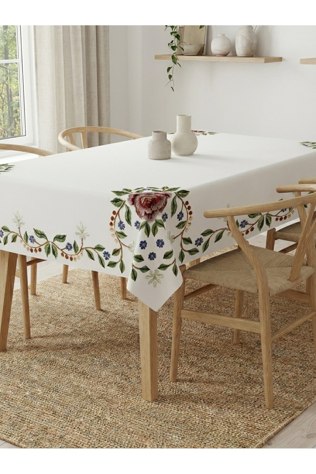 Tropikhome 140 x 180 Yeşil Gül Desenli Dijital Baskılı Dertsiz Leke Tutmaz Günlük Masa Örtüsü — Çok Renkli