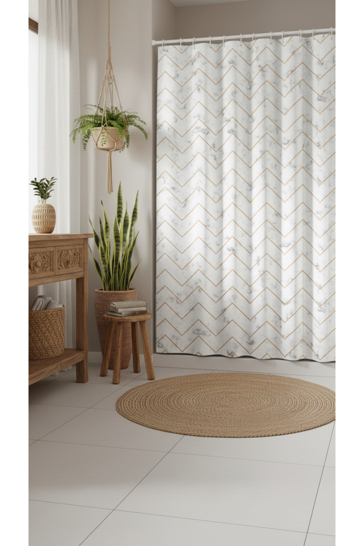 Tropikhome 180 x 200 Beyaz Mermer Desenli Banyo Perdesi — Beyaz