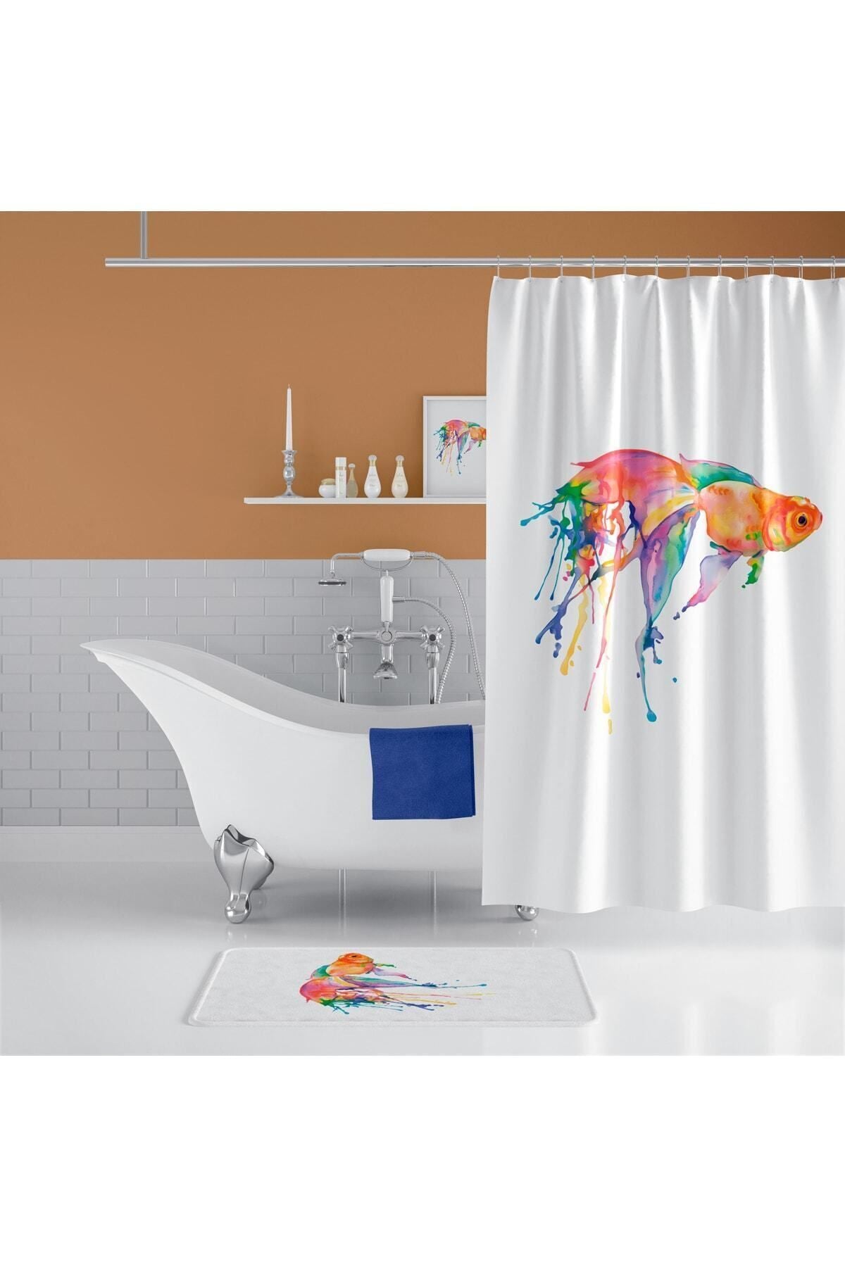 Balık Desenli Kaymaz Taban Dijital Baskılı 50x80cm Banyo Paspası ve 180x200cm Dijital Baskılı Banyo Perdesi Takımı — 180 x 200 + 50 x 80