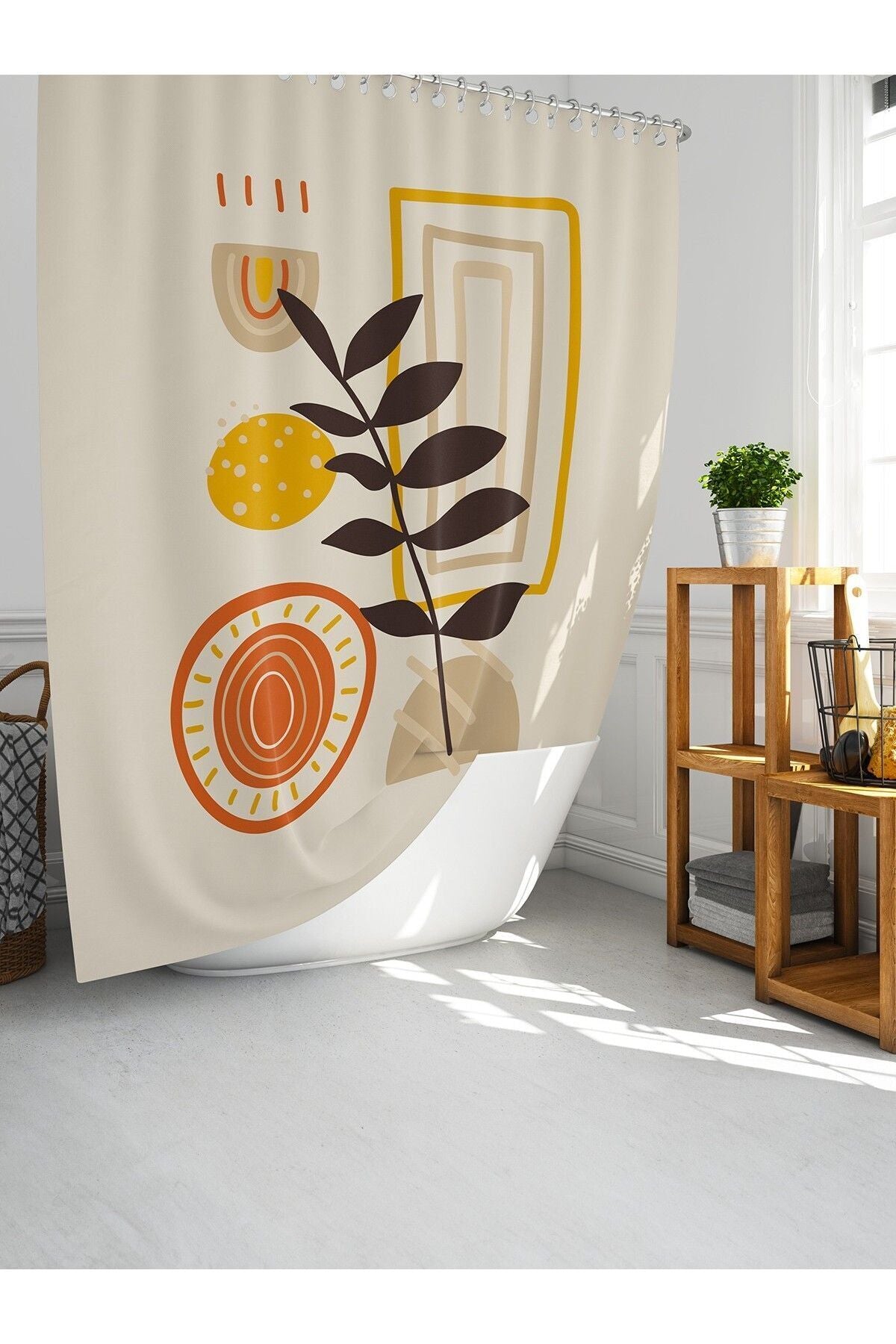 Tropikhome 180 x 200 Bej Boho Modern Desen Banyo Perdesi — Bej