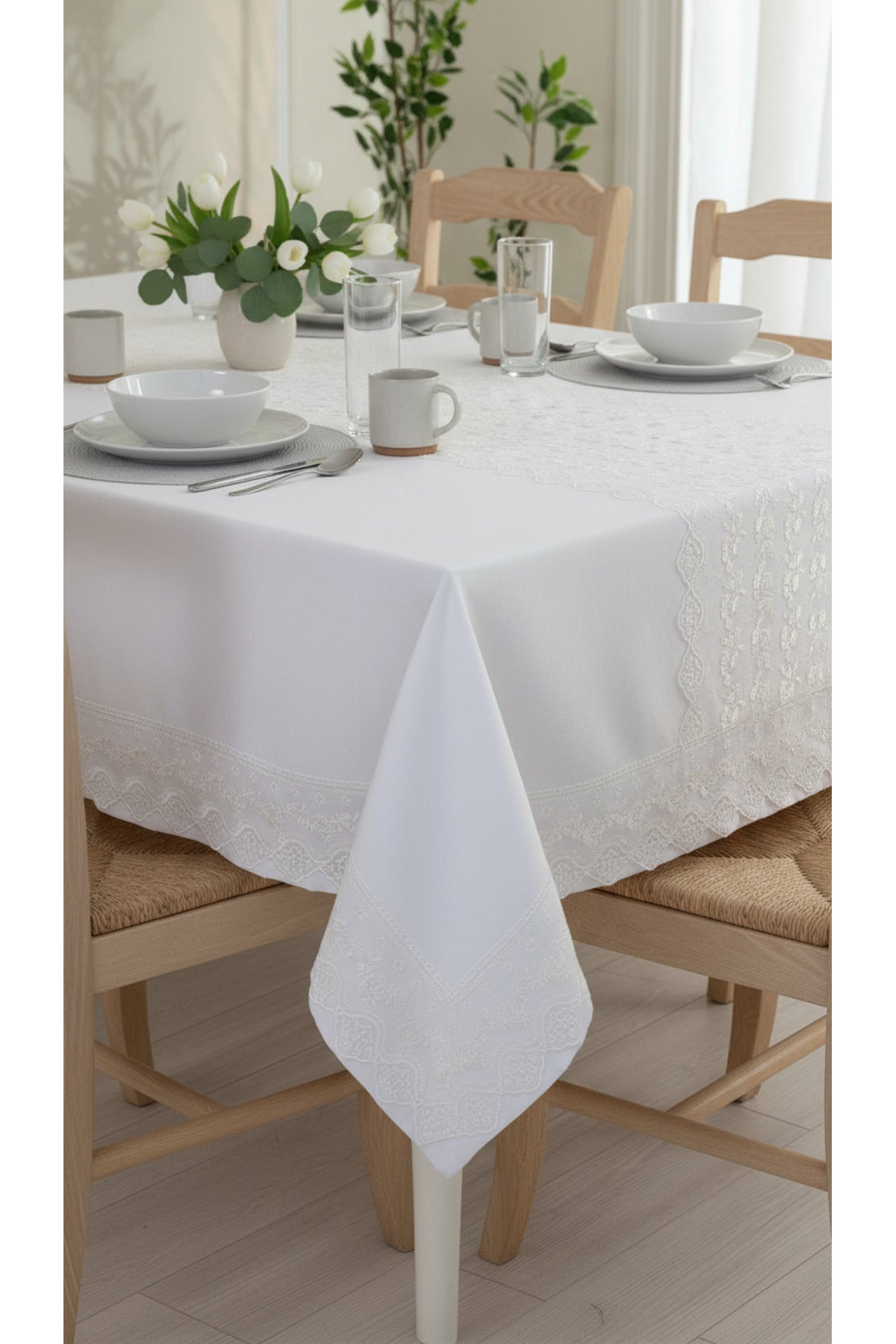 Tropikhome 160 x 220 Beyaz Pamuklu Masa Örtüsü Ve Dantelli Runner Çeyiz Seti — Beyaz