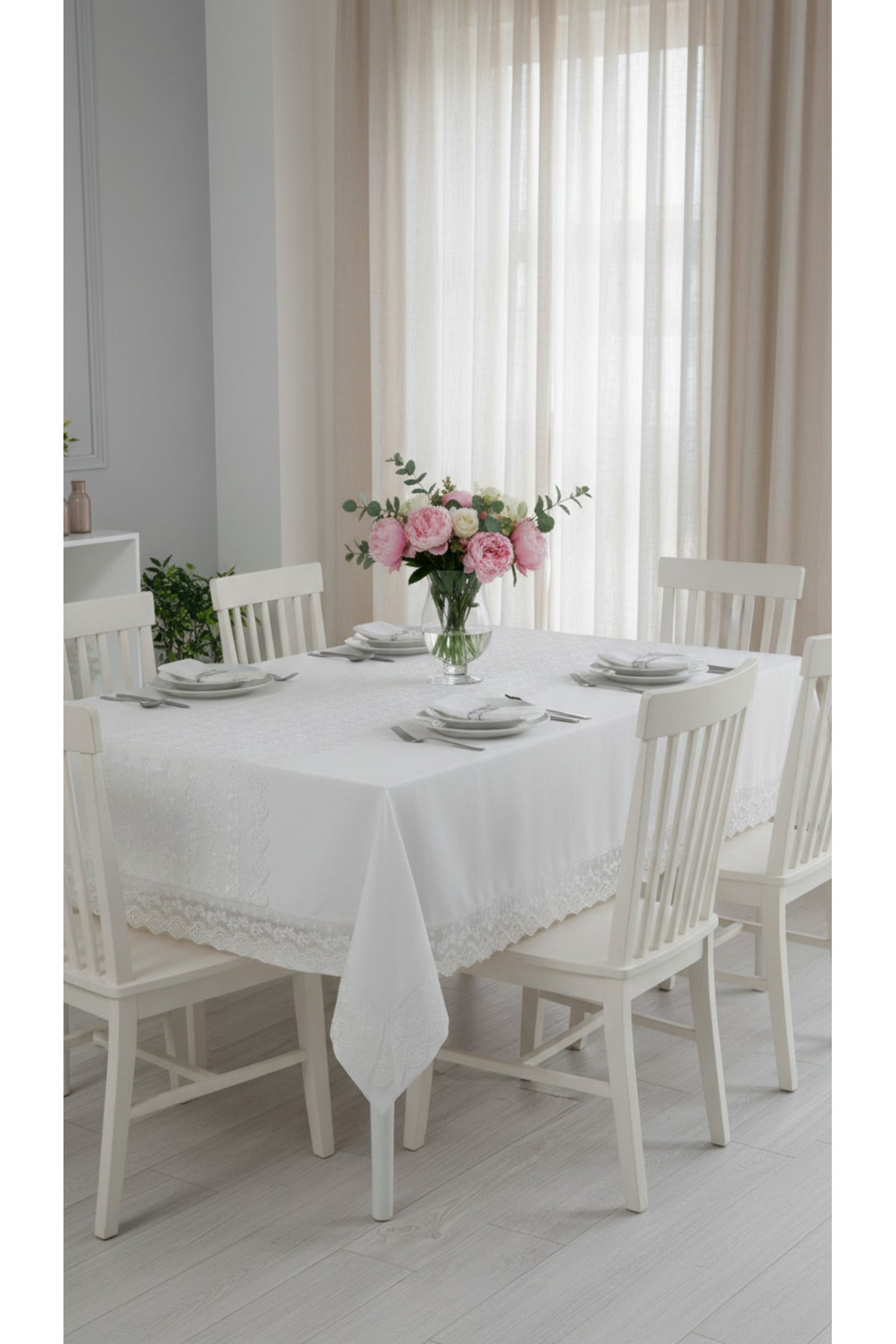 Tropikhome 160 x 220 Krem Pamuklu Masa Örtüsü Ve Dantelli Runner Çeyiz Seti — Krem