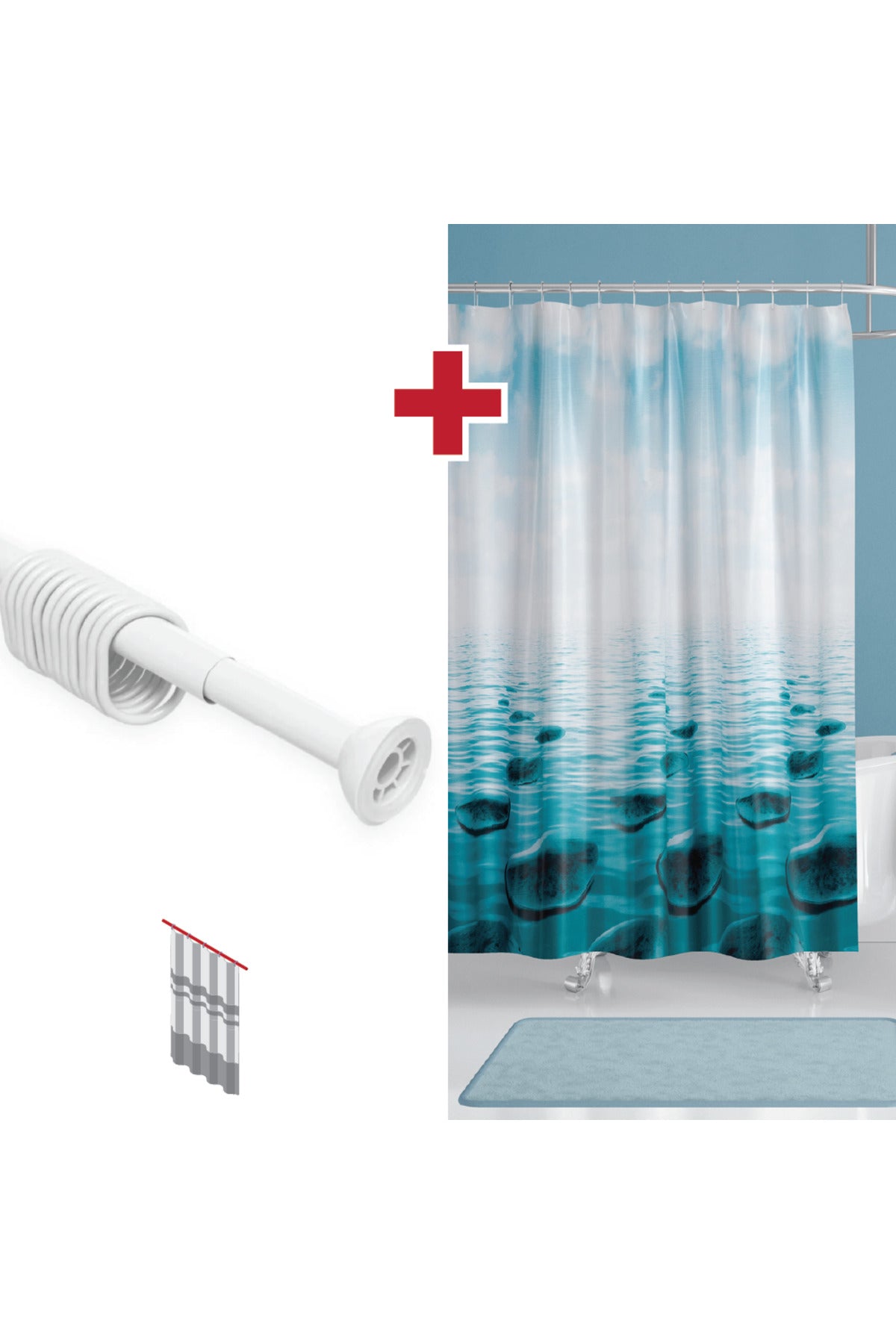 Taş Desenli Polyester Kumaş Banyo Perdesi 2MT Beyaz Yaylı Boru ve C-halkalı Set — Çok Renkli