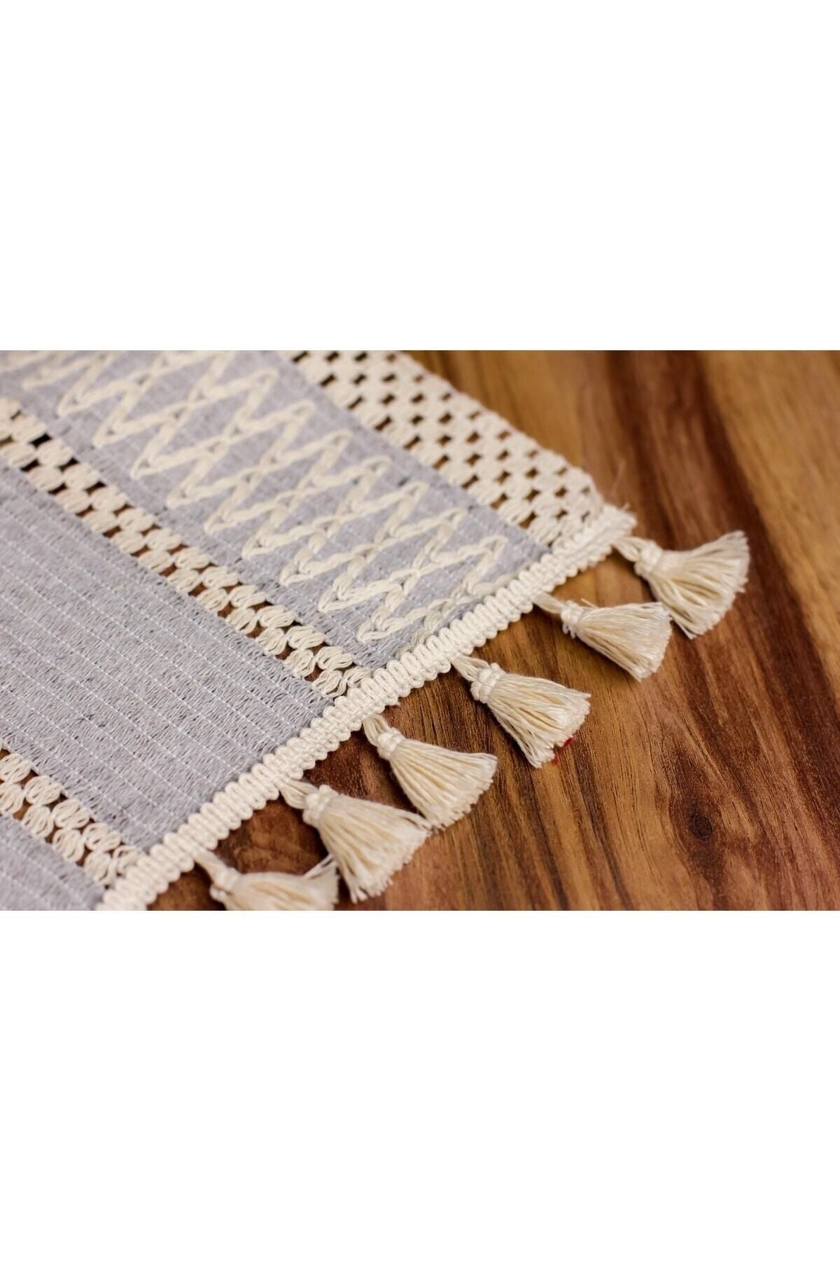 Ham Organik Pamuk Dantel Desenli Püsküllü Gri Runner 35x145 Cm  Masa Sunum Örtüsü — Gri