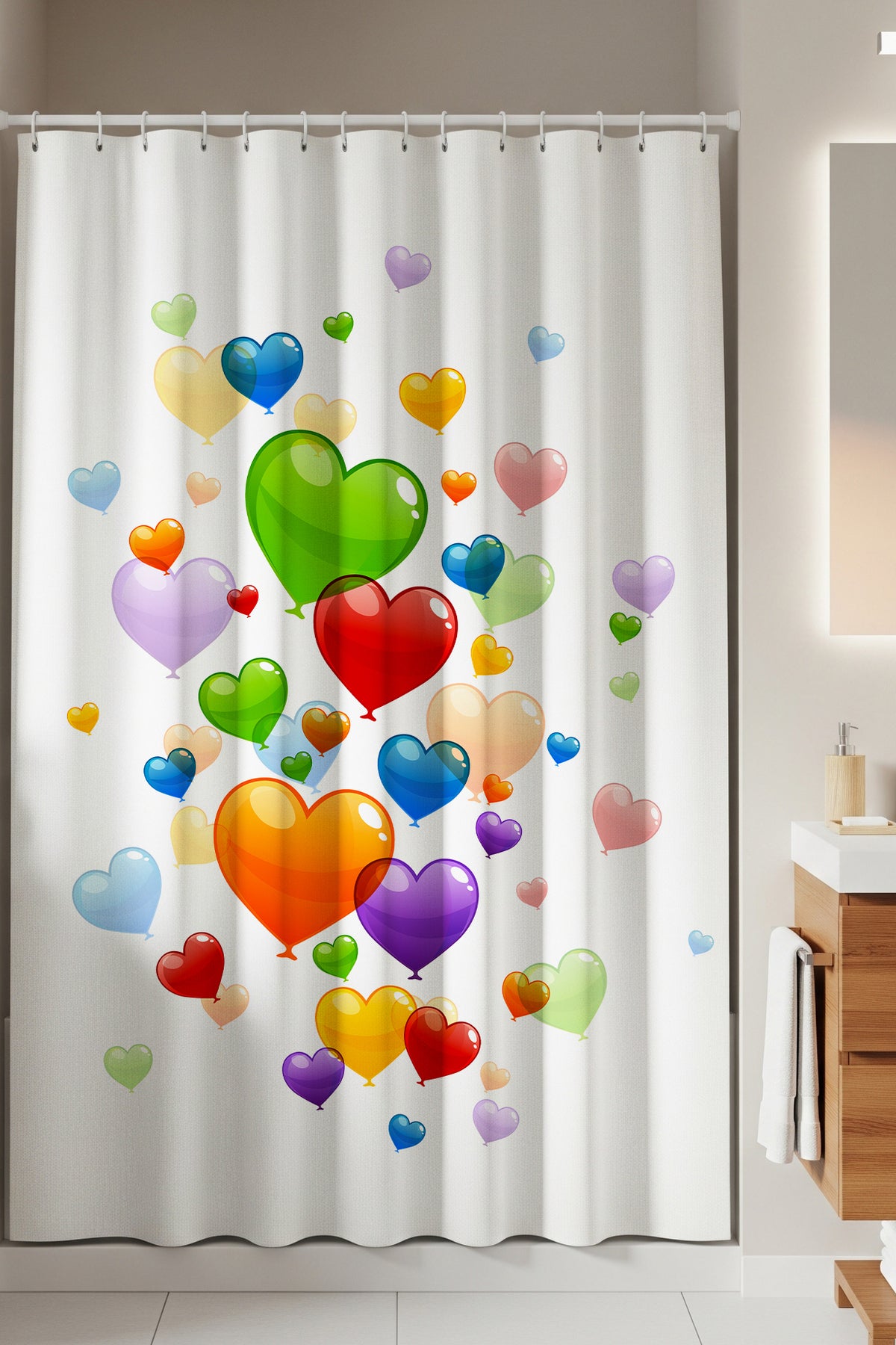 Tropikhome 180 x 200 Çok Renkli Kalpli Balon Desenli Banyo Perdesi — Çok Renkli