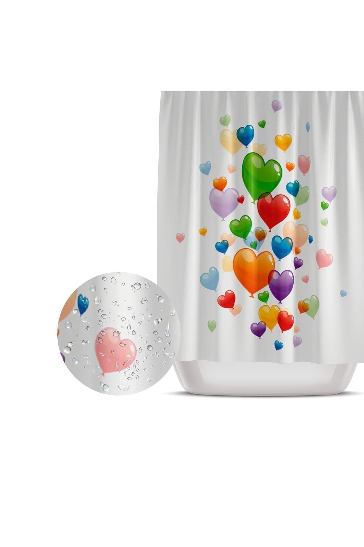 Tropikhome 180 x 200 Çok Renkli Kalpli Balon Desenli Banyo Perdesi — Çok Renkli