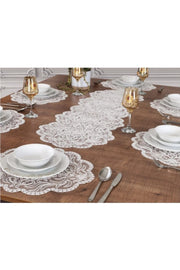 Tropikhome Nakışlı Ekru 40 x 110 Runner + 40 x 40*6 Amerikan Servisli 7 Parça Sunum Yemek Seti — Ekru