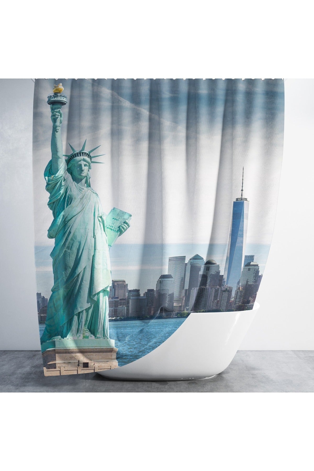 Tropikhome 180 x 200 Mavi Newyork Desenli Banyo Perdesi — Mavi