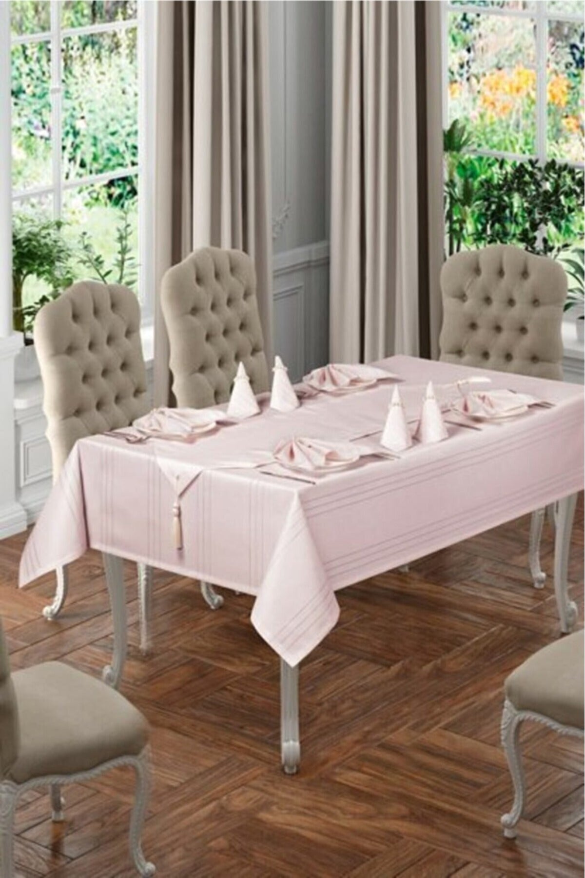 Tropikhome 160 x 220 + 1 Runner + 12 peçete + 12 Yüzük'lü Keten Görünümlü 26 Parça Dertsiz Çeyiz Seti — Pembe