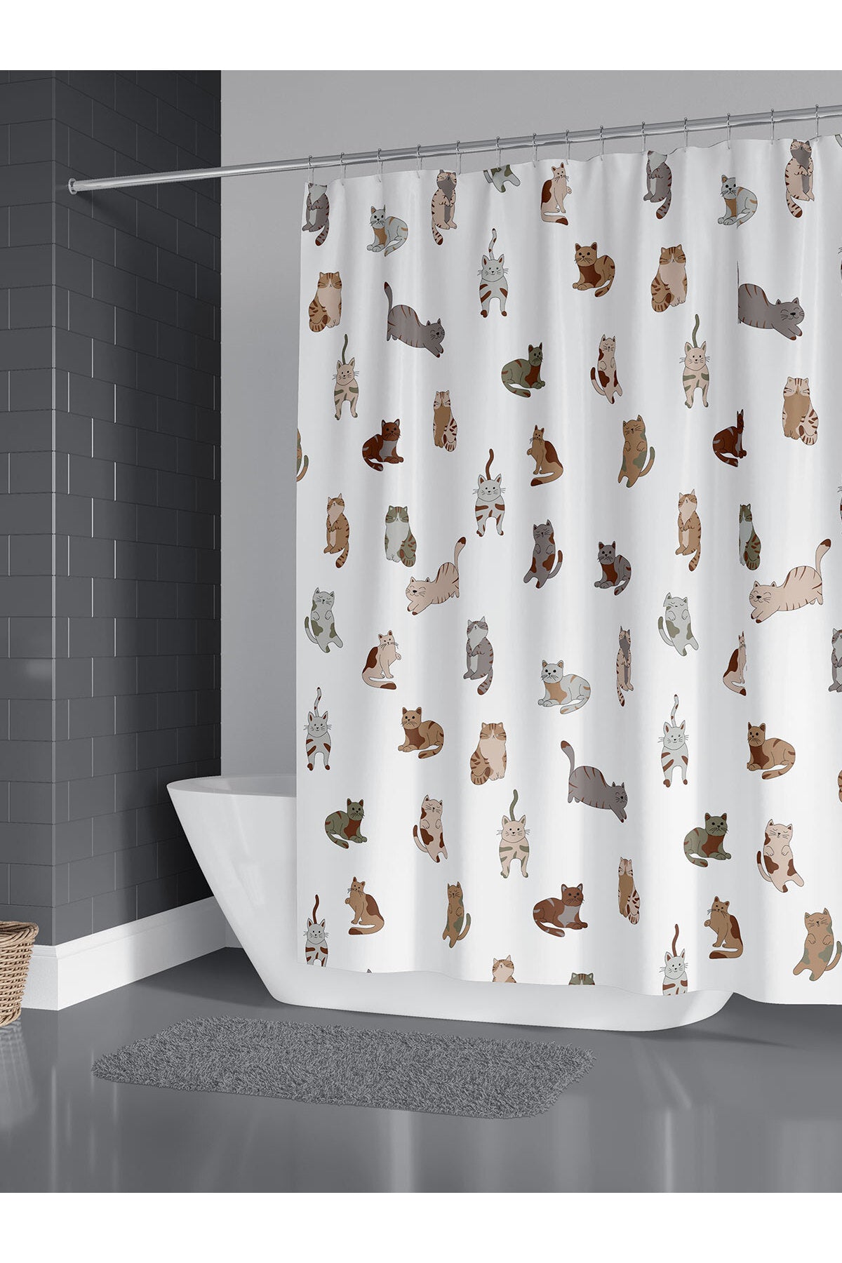 Tropikhome 180 x 200 Çok Renkli Kedi Desenli Banyo Perdesi — Çok Renkli