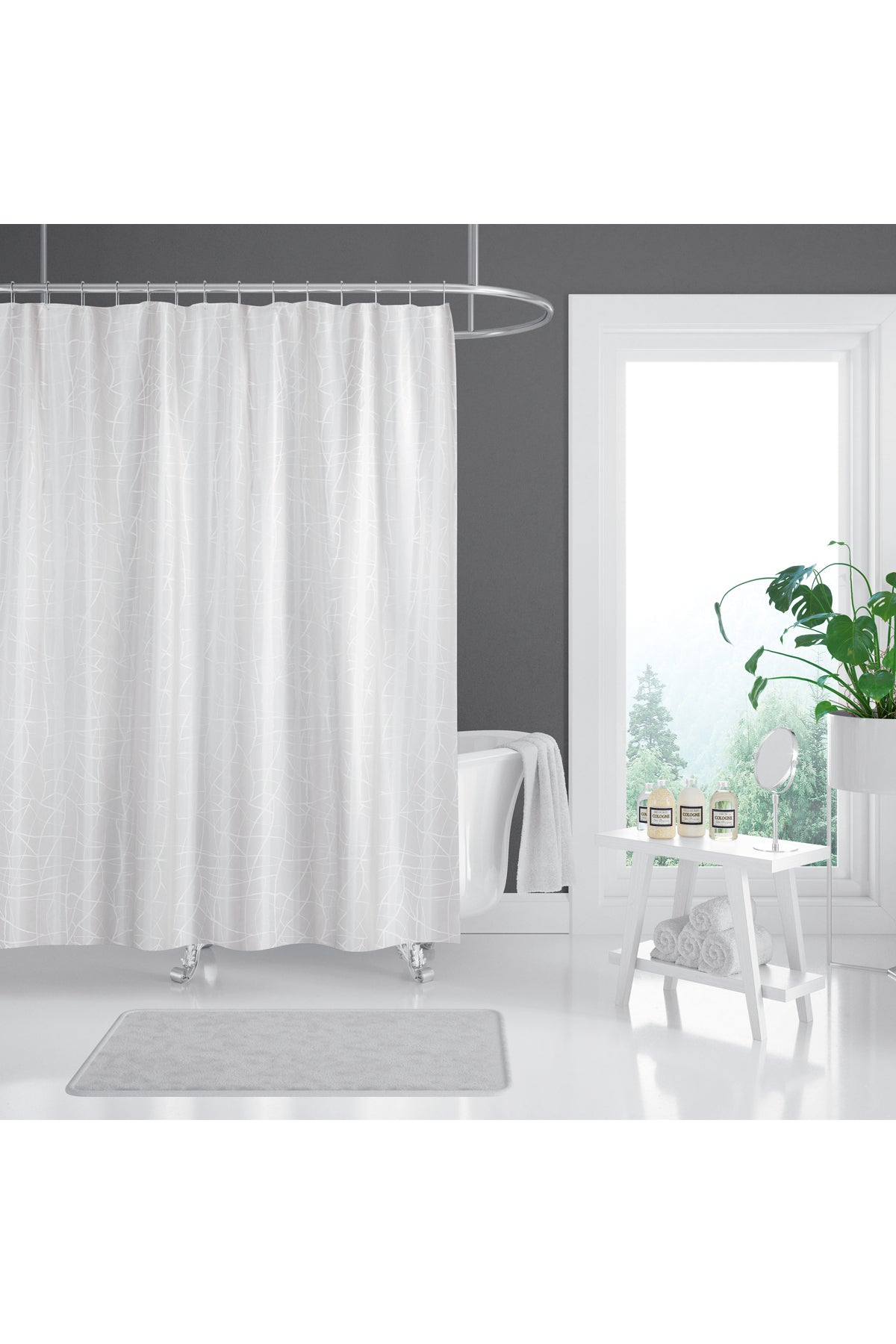 Tropikhome 120 X 200 (Çift Kanat) Beyaz Mermer Desenli Banyo Perdesi — Beyaz