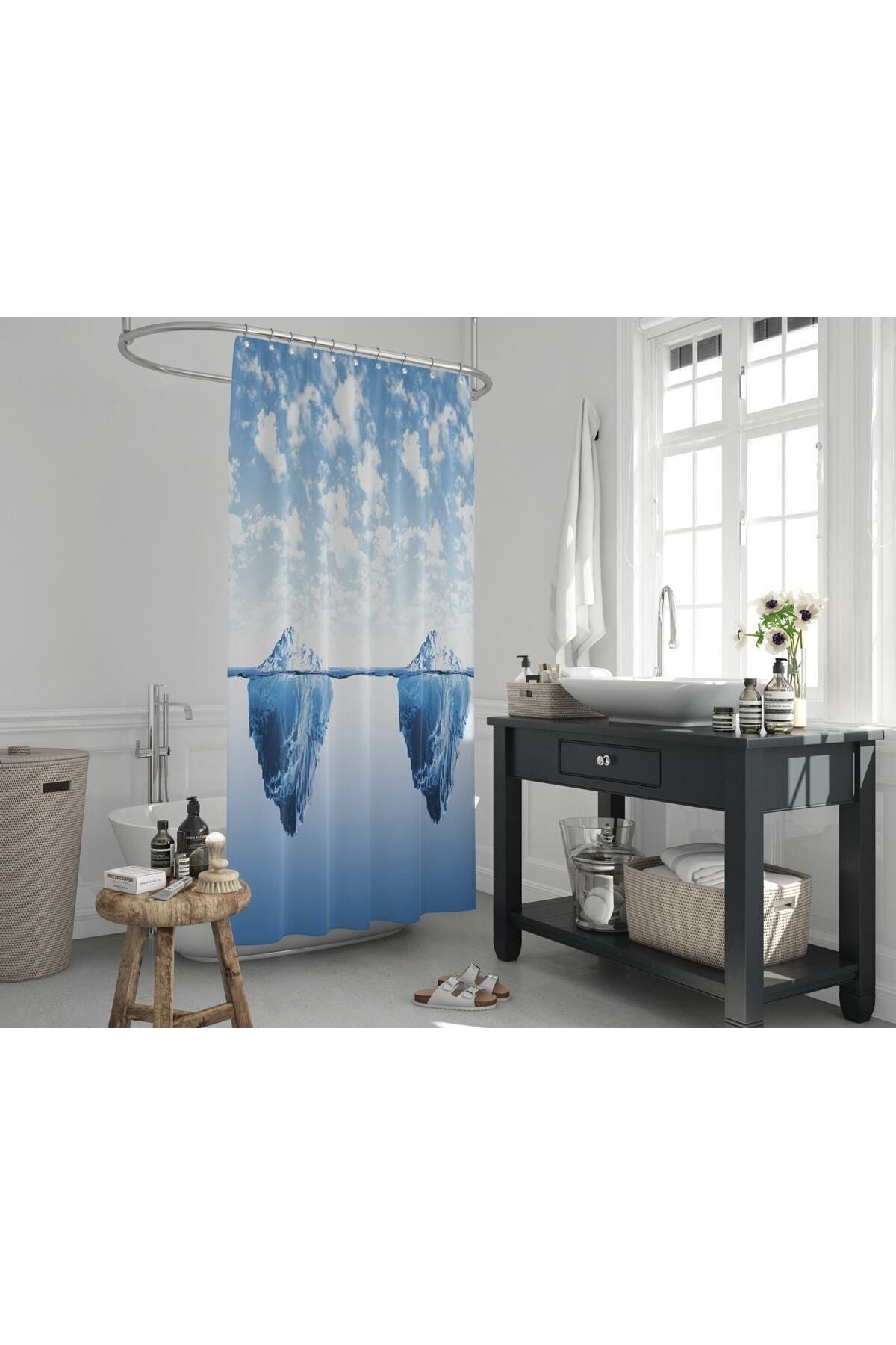 Tropikhome 180 x 200 Mavi Buzdağı Desenli Banyo Perdesi — Mavi