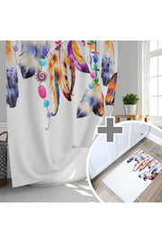Tüy Desenli Kaymaz Taban Dijital Baskılı 50x80cm Banyo Paspası ve 180x200cm Dijital Baskılı Banyo Perdesi Takımı — 180 x 200 + 50 x 80