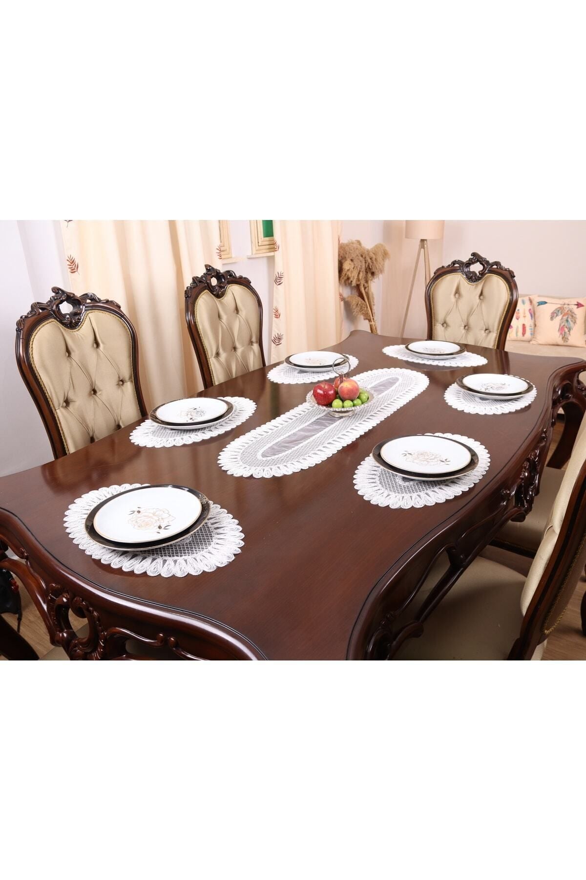 Tropikhome Nakışlı Ekru 32 x 110 Runner + 32 x 50*8 Amerikan Servisli 9 Parça Sunum Yemek Seti — Ekru