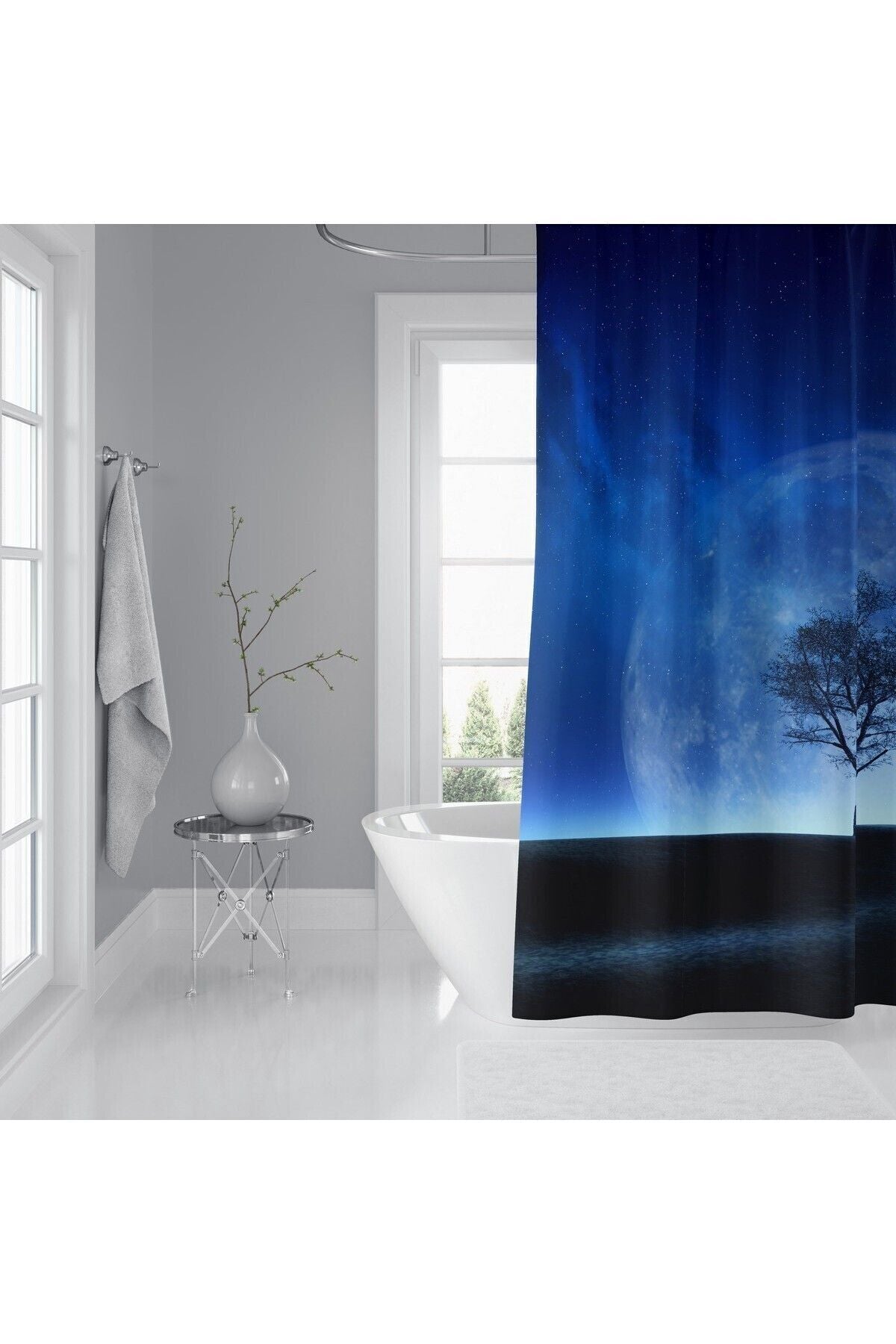 Tropikhome 180 x 200 Mavi Ay Desenli Banyo Perdesi — Mavi