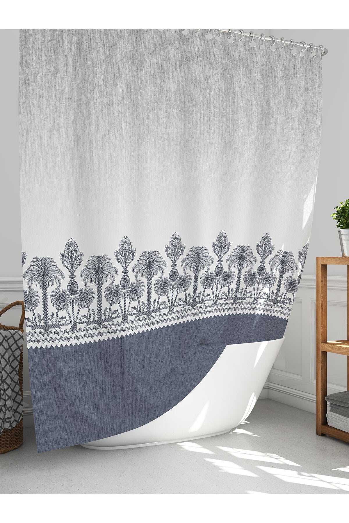 Tropikhome 180 x 200 Gri Palmiye Desenli Banyo Perdesi — Gri