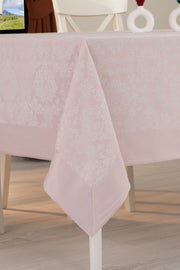 Tropikhome 160 x 220 Pembe Pamuklu Damask Desenli Bordürlü Masa Örtüsü — Pembe