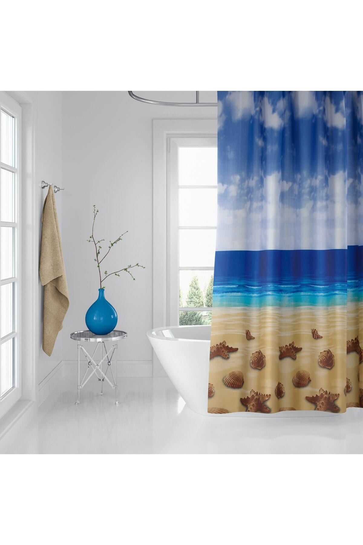 Tropikhome 180 x 200 Çok Renkli Sahil Manzarası Desenli Banyo Perdesi — Çok Renkli