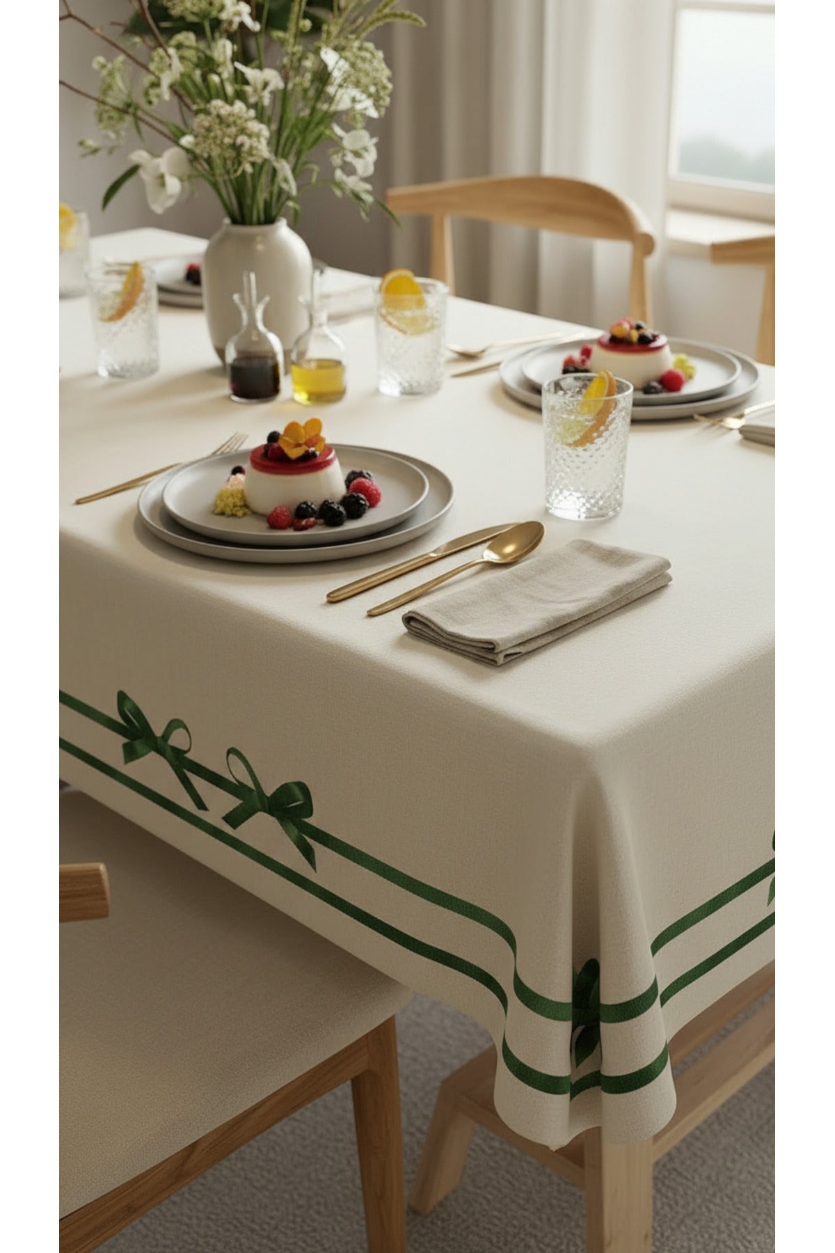 Tropikhome 150 x 220 Kurdele Desenli Solma Yapmaz Dijital Baskılı Dertsiz Masa Örtüsü — Yeşil