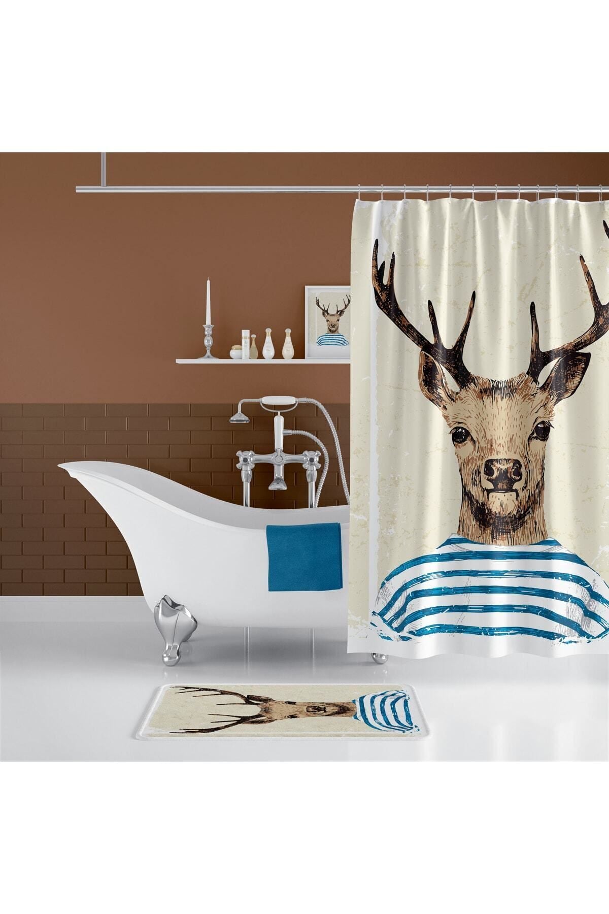 Geyik Desenli Kaymaz Taban Dijital Baskılı 50x80cm Banyo Paspası ve 180x200cm Dijital Baskılı Banyo Perdesi Takımı — 180 x 200 + 50 x 80