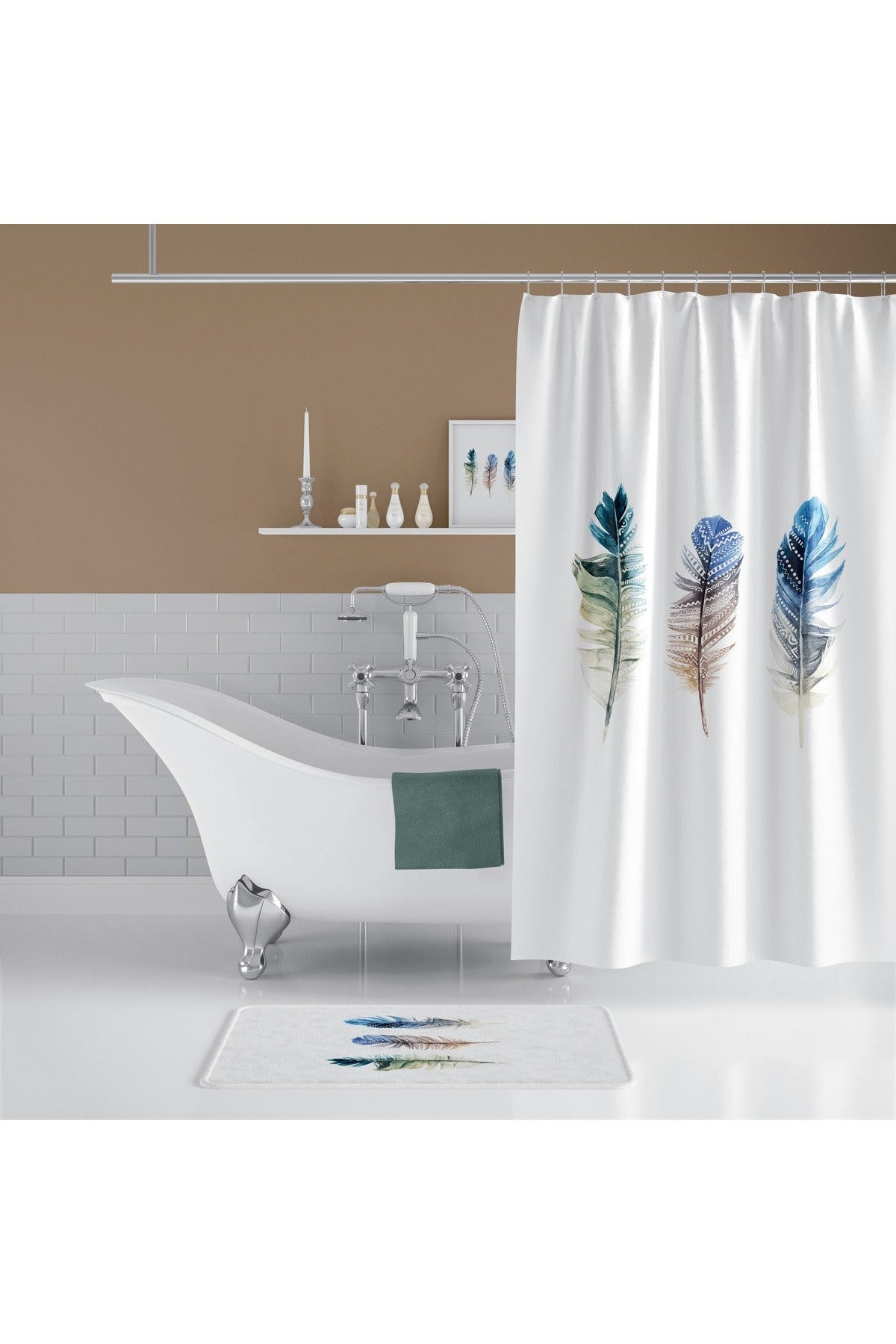 Tropikhome 180 x 200 Çok Renkli Tüy Desenli Banyo Perdesi — Çok Renkli