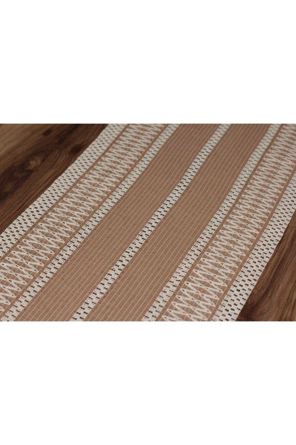Ham Organik Pamuk Dantel Desenli Püsküllü Bej Runner 35x145 Cm  Masa Sunum Örtüsü — Bej