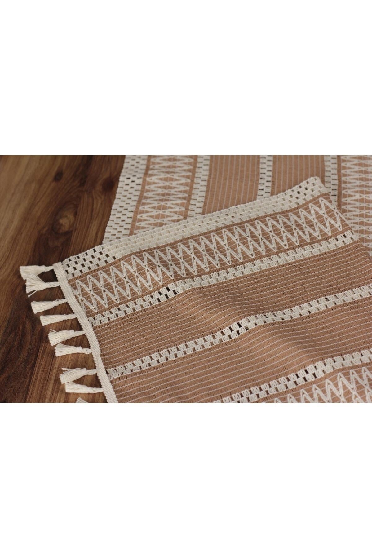 Ham Organik Pamuk Dantel Desenli Püsküllü Bej Runner 35x145 Cm  Masa Sunum Örtüsü — Bej