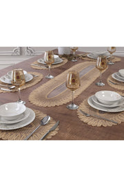 Tropikhome Nakışlı Bej 32 x 110 Runner + 32 x 50*6 Amerikan Servisli 7 Parça Sunum Yemek Seti — Bej