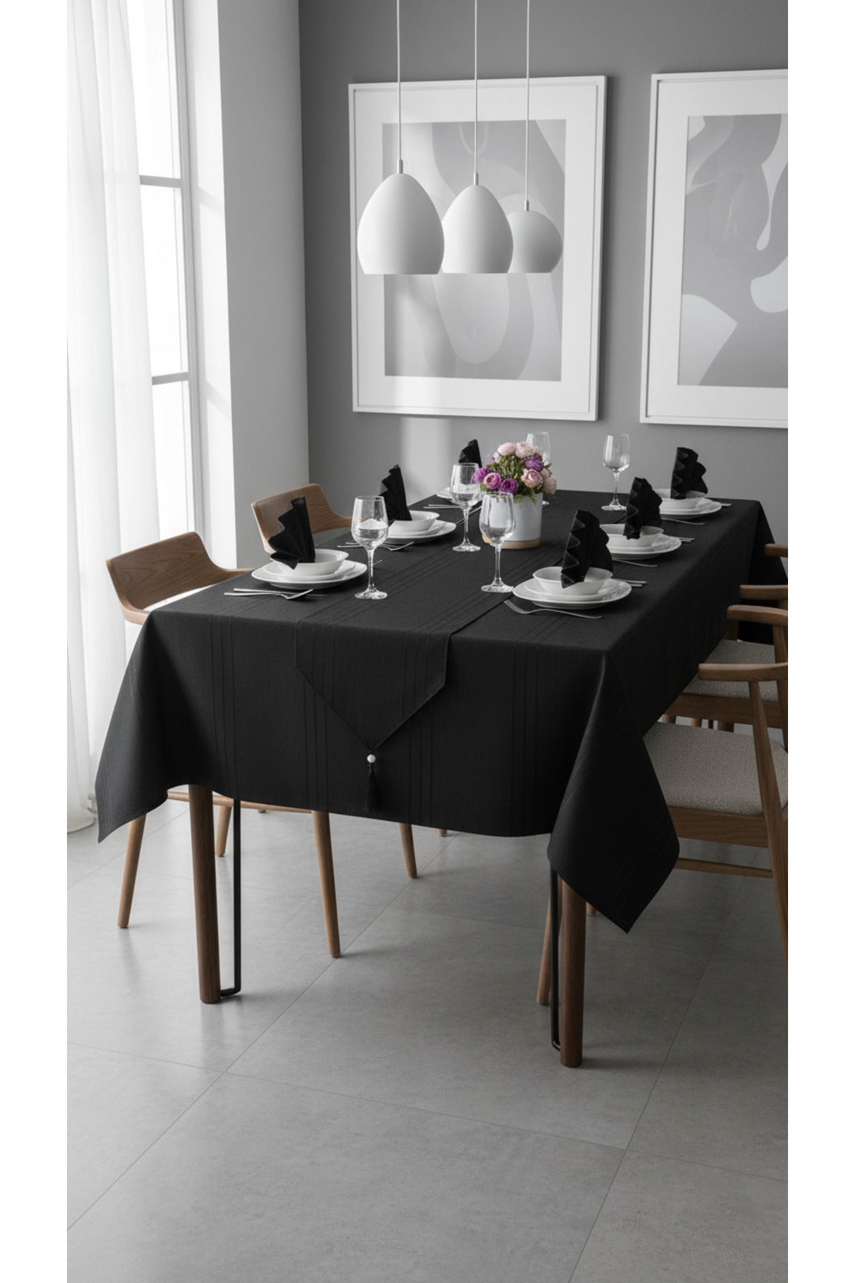 Tropikhome 160 x 220 + 1 Runner + 12 peçete + 12 Yüzük'lü Keten Görünümlü 26 Parça Dertsiz Çeyiz Seti — Siyah