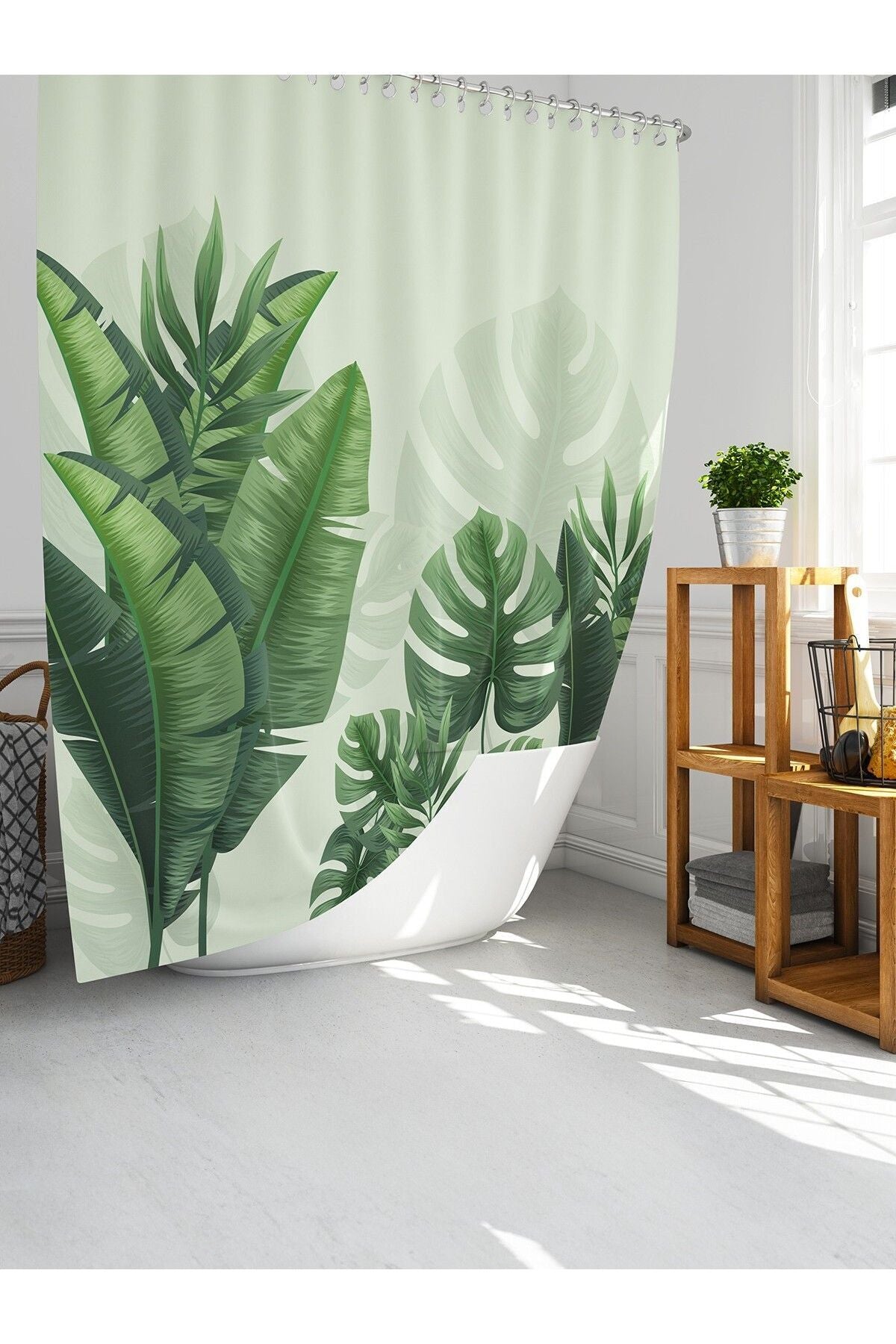 Tropikhome 180 x 200 Yeşil Palmiye Desenli Banyo Perdesi — Yeşil