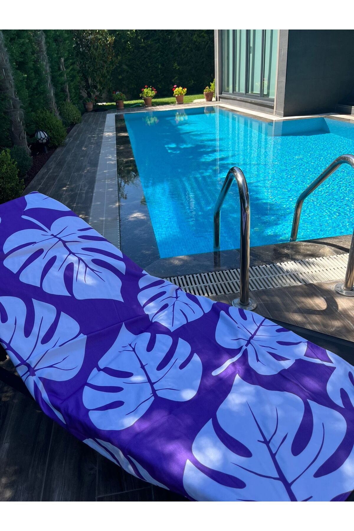 Tropikhome Yaprak Desenli Mor 70 x 150 Hızlı Kuruyan Pamuklu Plaj Havlusu — 70 x 150