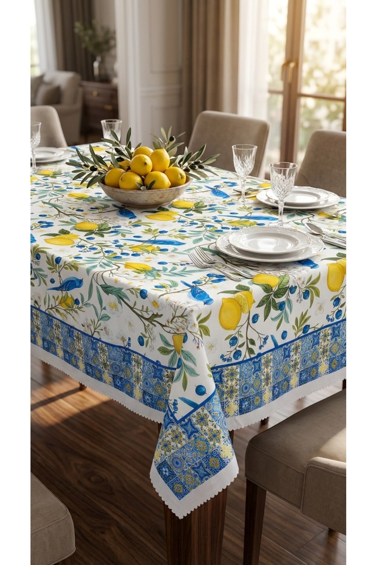 Tropikhome 140 x 180 Limon Alaçatı Desenli Solma Yapmaz Dijital Baskılı Dertsiz Masa Örtüsü — Çok Renkli