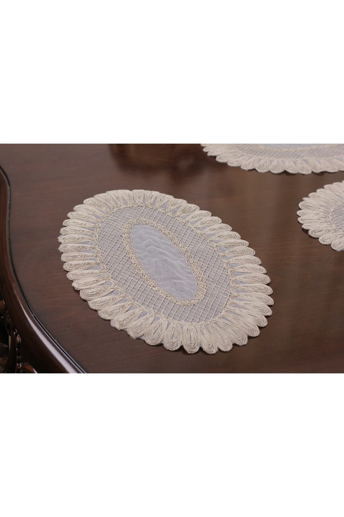 Tropikhome Nakışlı Bej 32 x 110 Runner + 32 x 50*6 Amerikan Servisli 7 Parça Sunum Yemek Seti — Bej