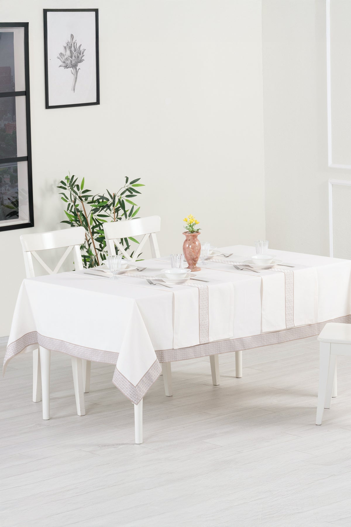 Tropikhome 160 x 260 + 2 Runner Krem Çeyizlik Pamuklu Masa Örtüsü Seti — Krem