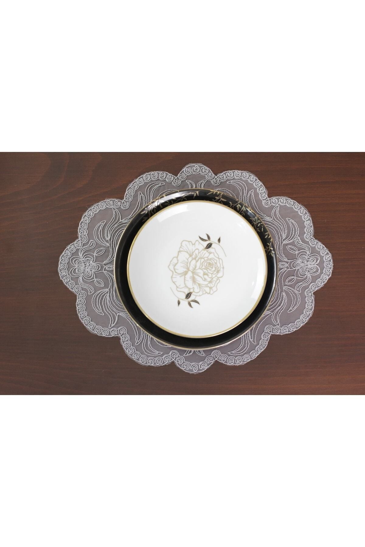 Tropikhome Nakışlı Gri 40 x 110 Runner + 40 x 40*12 Amerikan Servisli 13 Parça Sunum Yemek Seti — Gri