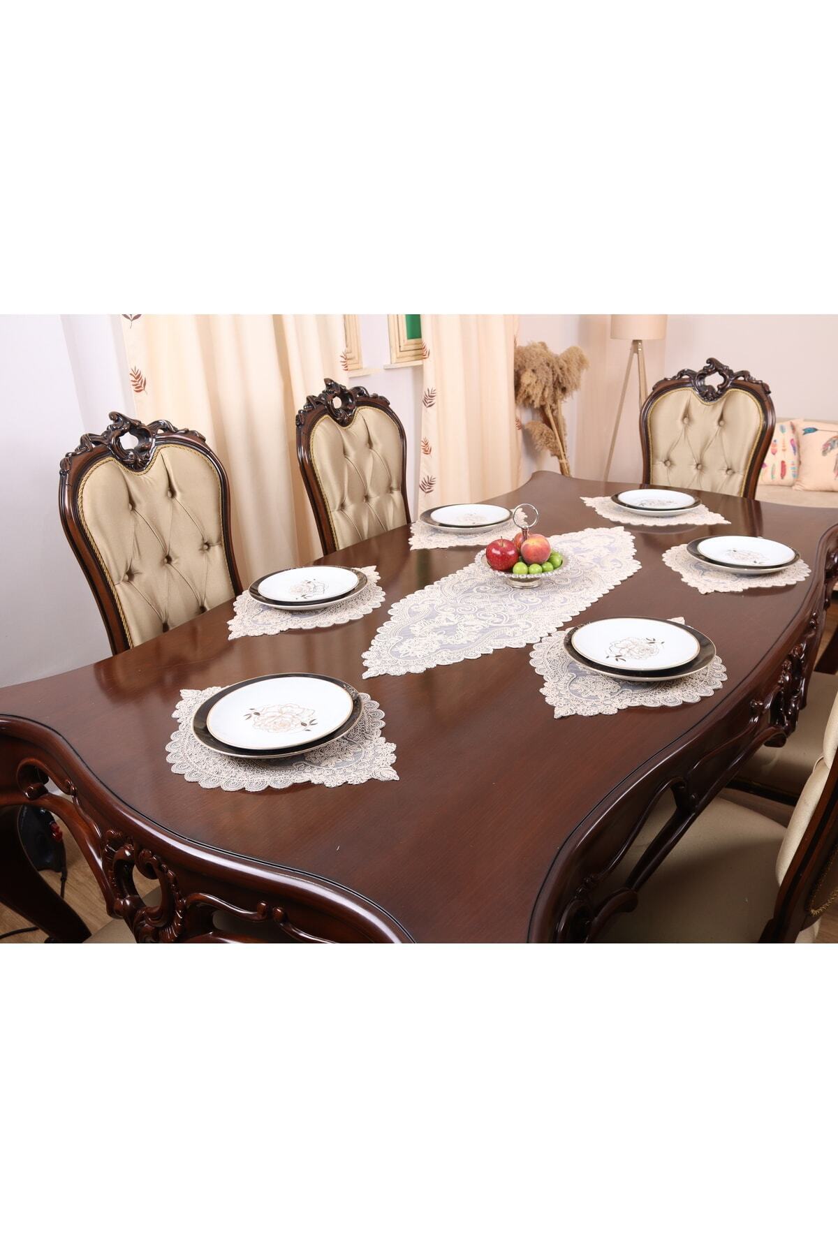 Tropikhome Nakışlı Bej 35 x 115 Runner + 35 x 50*8 Amerikan Servisli 9 Parça Sunum Yemek Seti — Bej