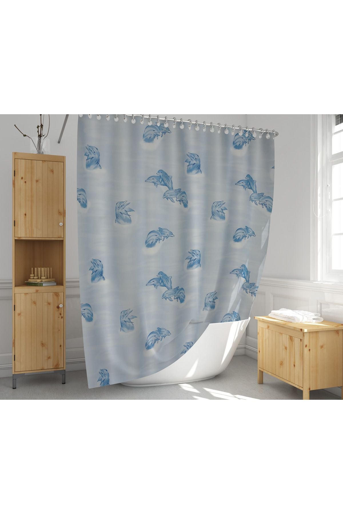 Tropikhome 180 x 200 Mavi Yunus Desenli Banyo Perdesi — Mavi
