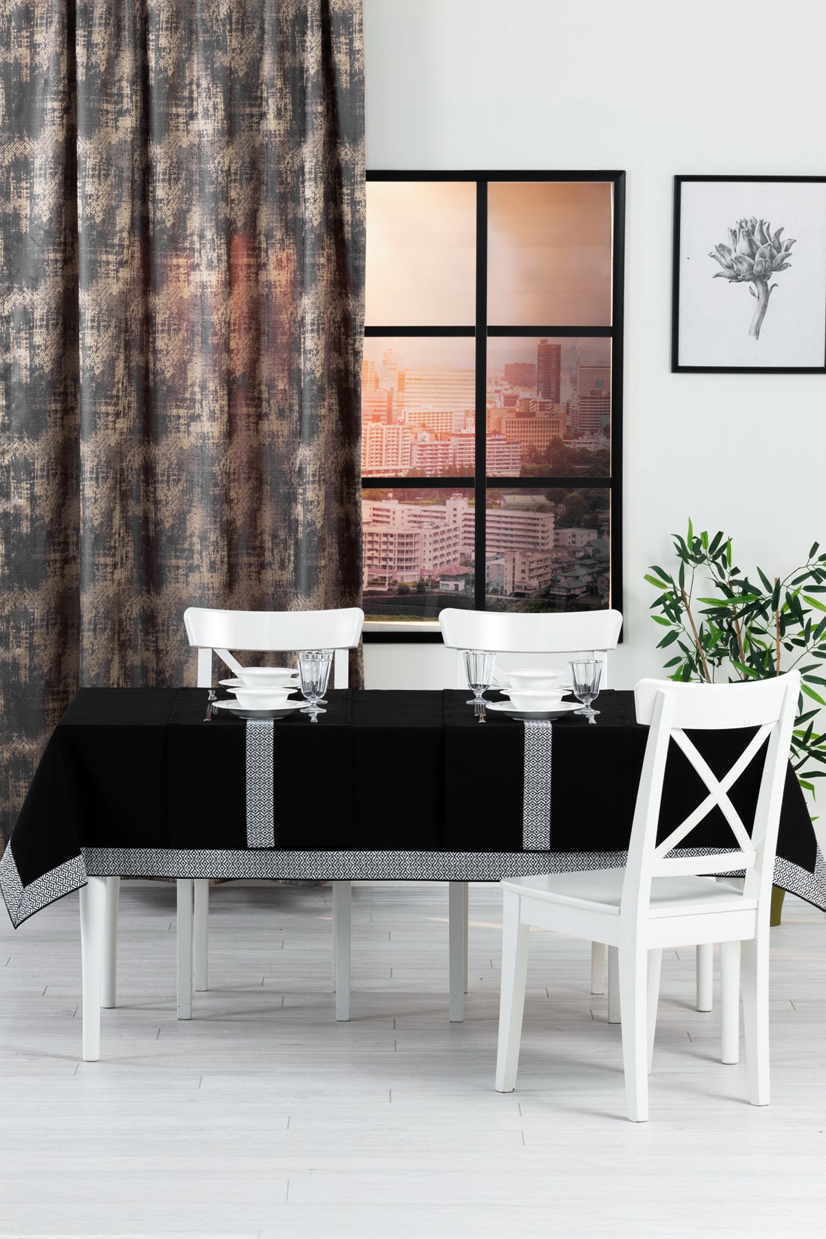 Tropikhome 160 x 220 + 2 Runner Siyah Çeyizlik Pamuklu Masa Örtüsü Seti — Siyah