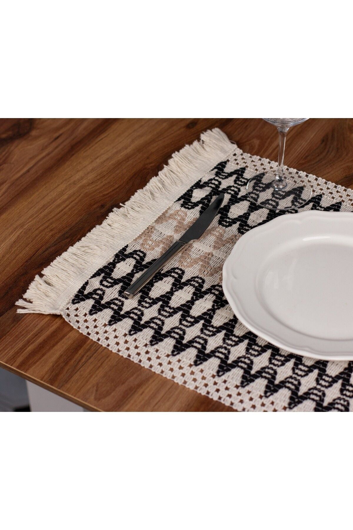 Tropikhome Pamuklu Örme Püsküllü 4 Adet 35x45 Cm Supla Amerikan Servis — Siyah - Kahve