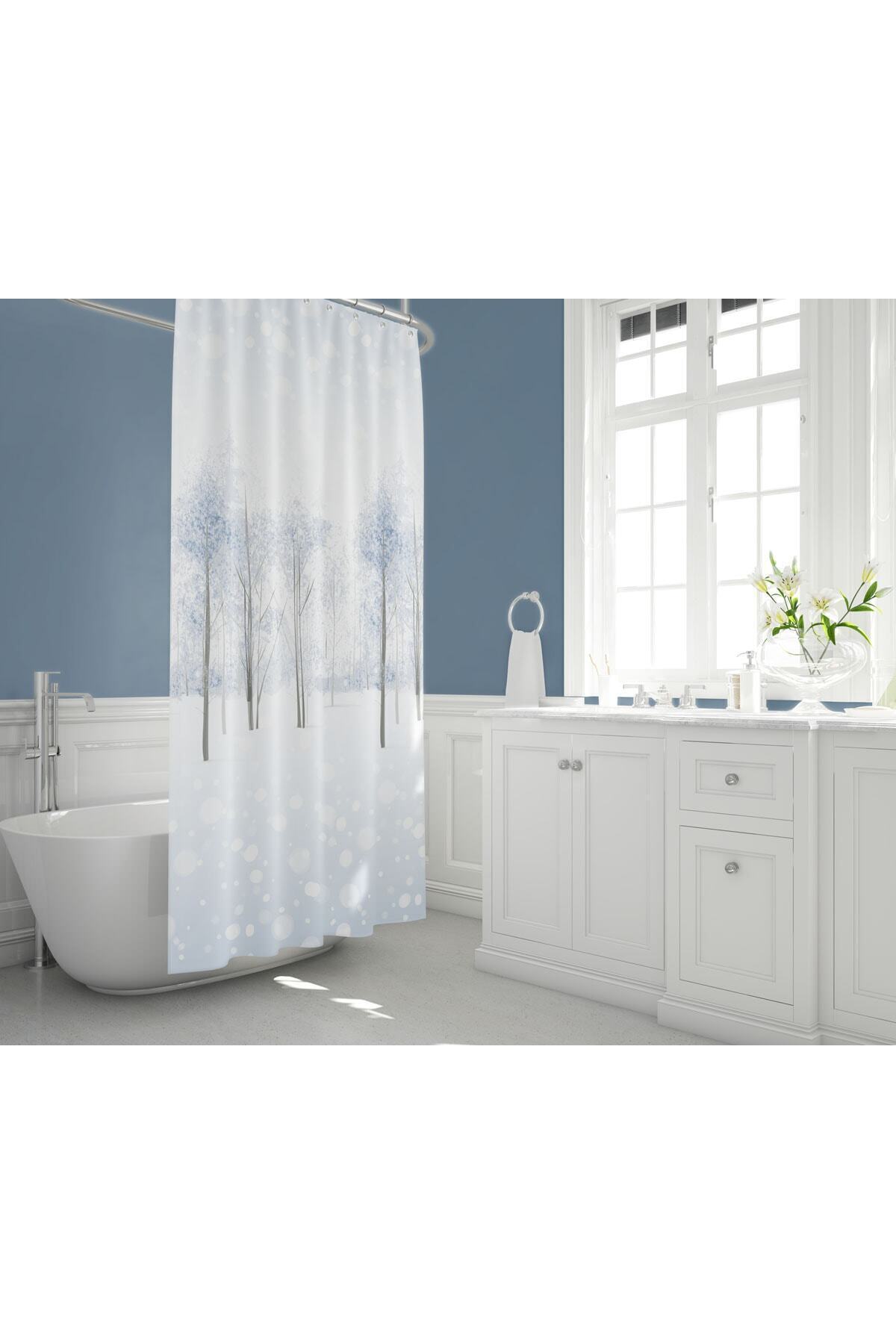 Tropikhome 180 x 200 Mavi Manzara Desenli Banyo Perdesi — Mavi