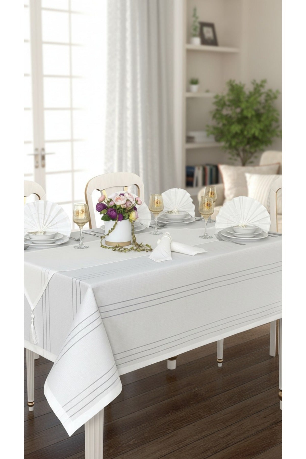Tropikhome 160 x 220 + 1 Runner + 12 peçete + 12 Yüzük'lü Keten Görünümlü 26 Parça Dertsiz Çeyiz Seti — Beyaz