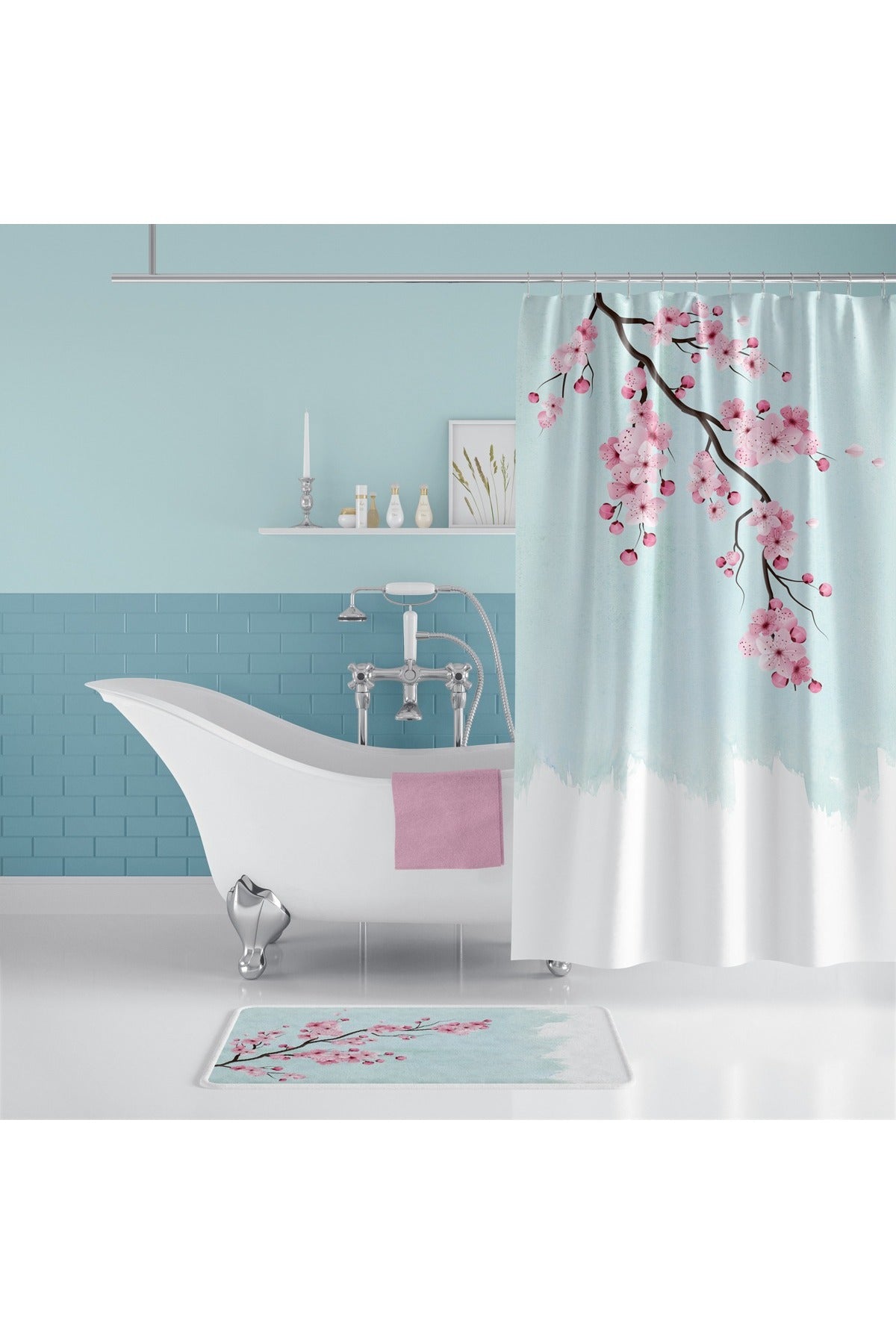 Tropikhome 180 x 200 Pembe Sakura Çiçeği Desenli Banyo Perdesi — Pembe