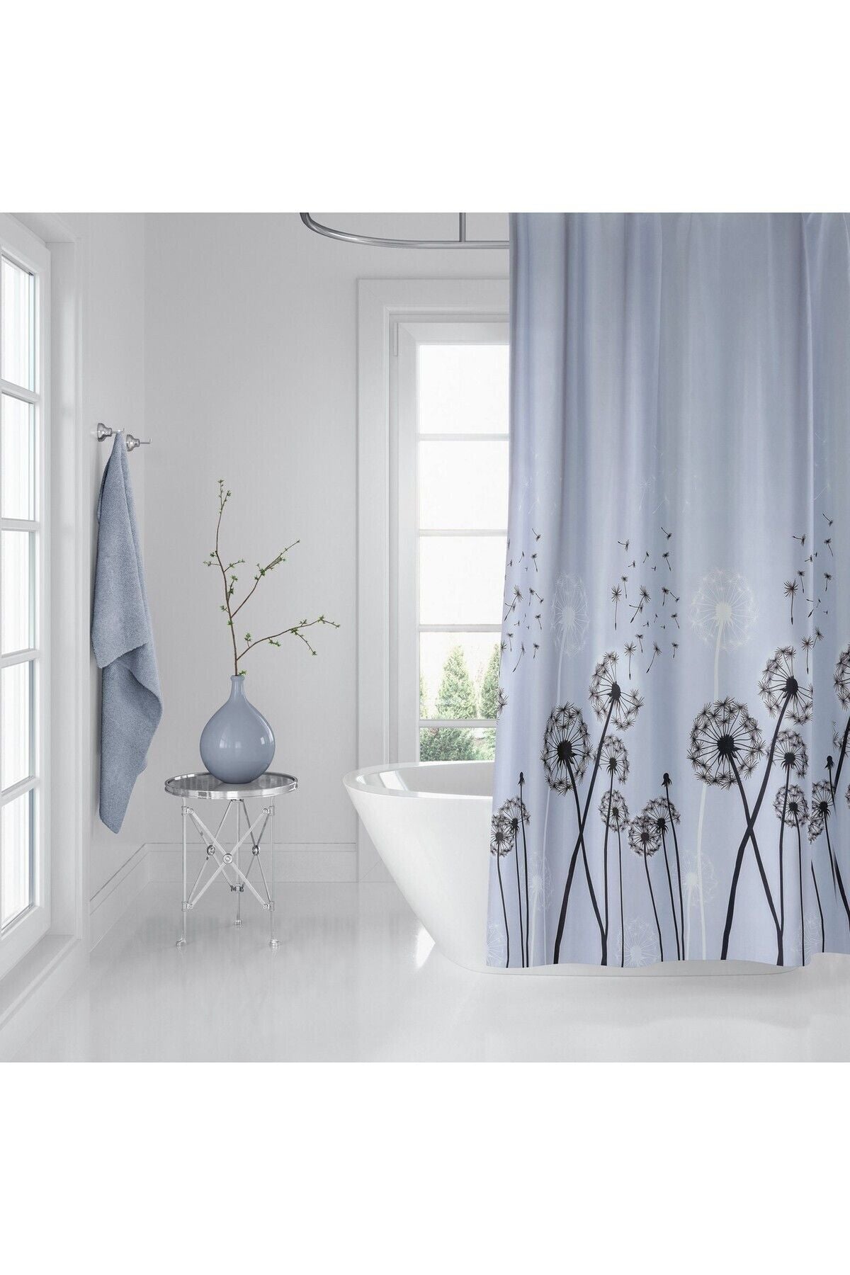 Tropikhome 120 X 200 (Çift Kanat) Gri Karahindiba Desenli Banyo Perdesi — Gri