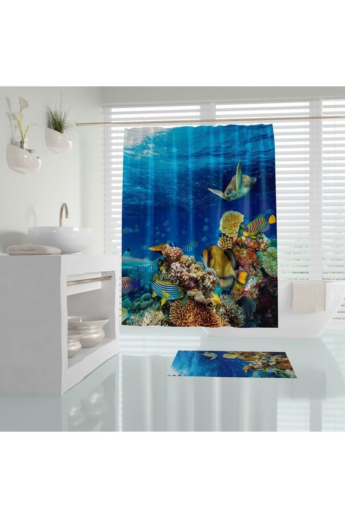 Tropikhome 180 x 200 Çok Renkli Akvaryum Balık Desenli Banyo Perdesi — Çok Renkli