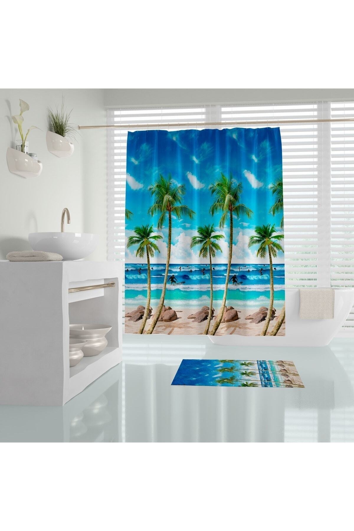 Tropikhome 180 x 200 Çok Renkli Desenli Banyo Perdesi — Çok Renkli