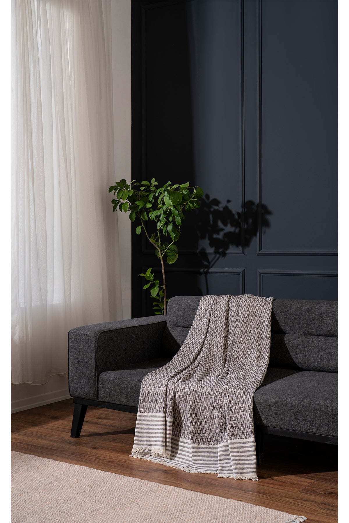 %100 Pamuk Zikzak Desenli 170 x 210 cm Antrasit Koltuk Kanepe Örtüsü — 170 x 210